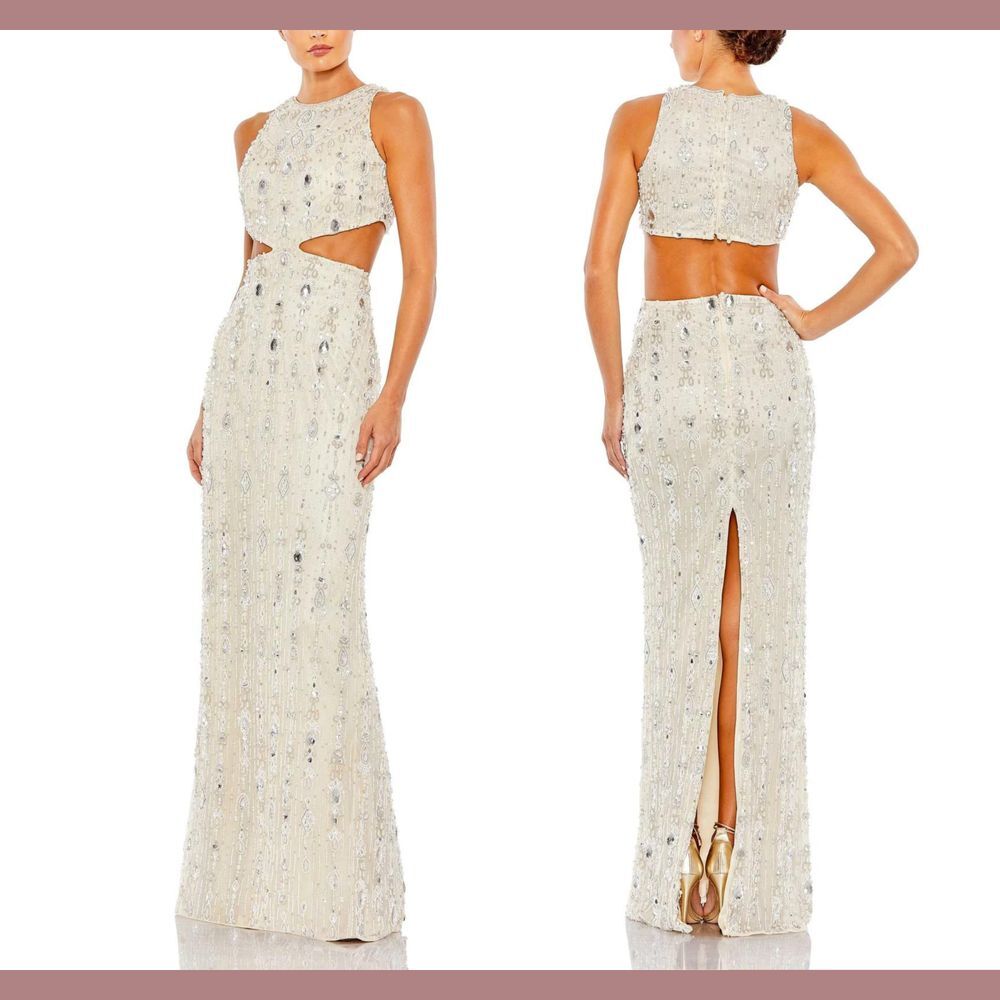 NWT $998 Mac Duggal [ 10 ] Pearl Embellished High Neck Cut Out Gown‎ Nude #G1881